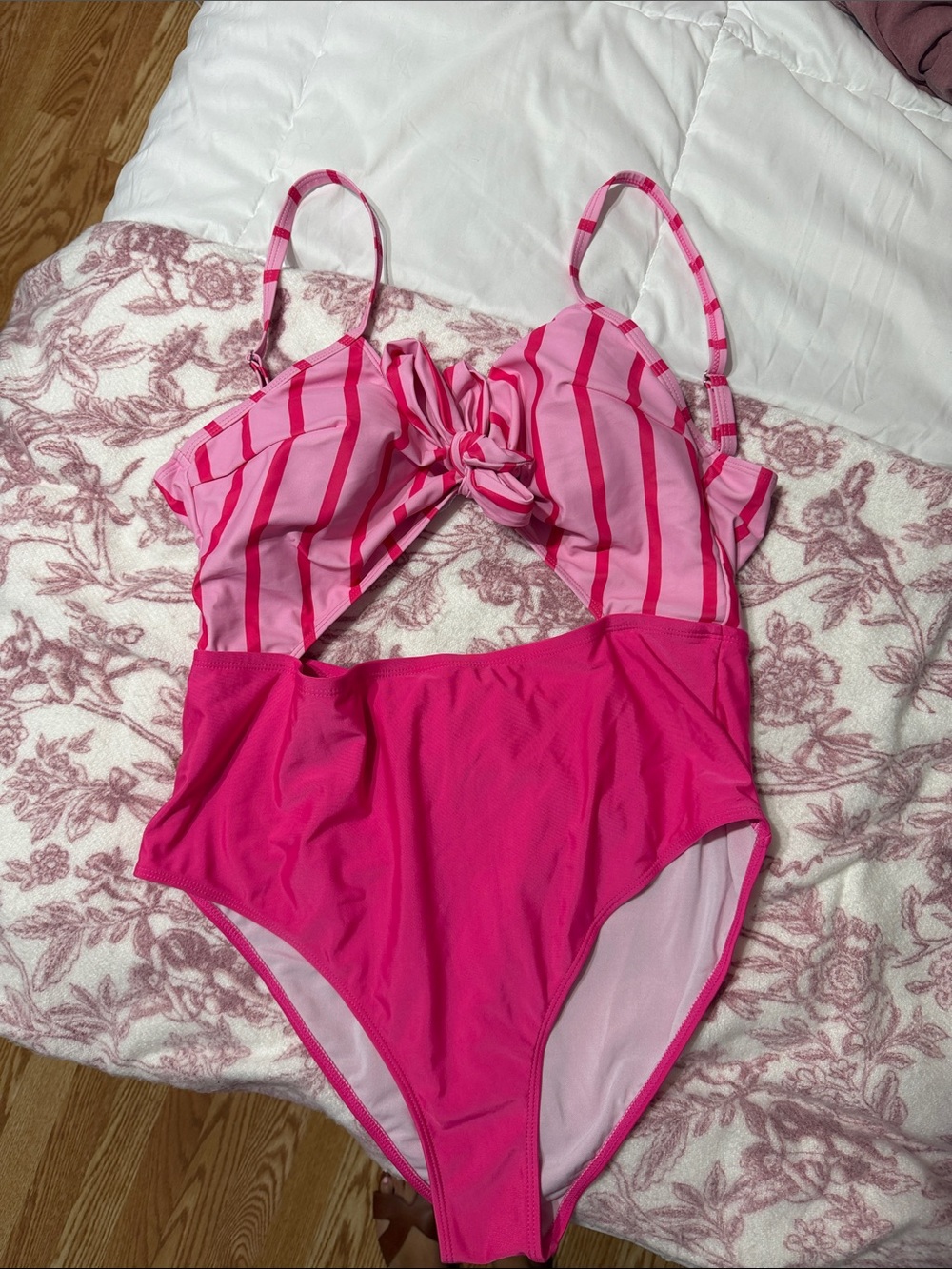 SHEIN Pink Striped Knot One-Piece Swimsuit